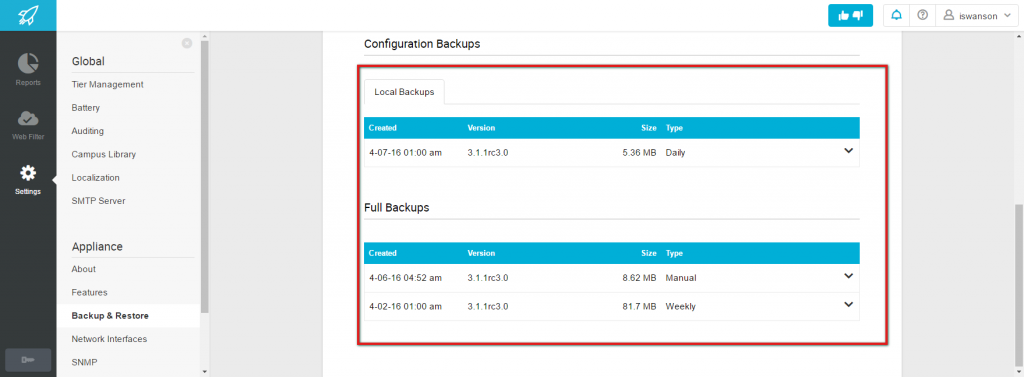 Viewing a List of Local Backups